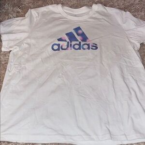 Adidas White Tee with Blue and Pink Logo